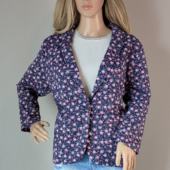 Lauren Conrad Blazer Women's Large Blue Pink Floral Roses Fitted One-Button LC - Picture 1 of 16